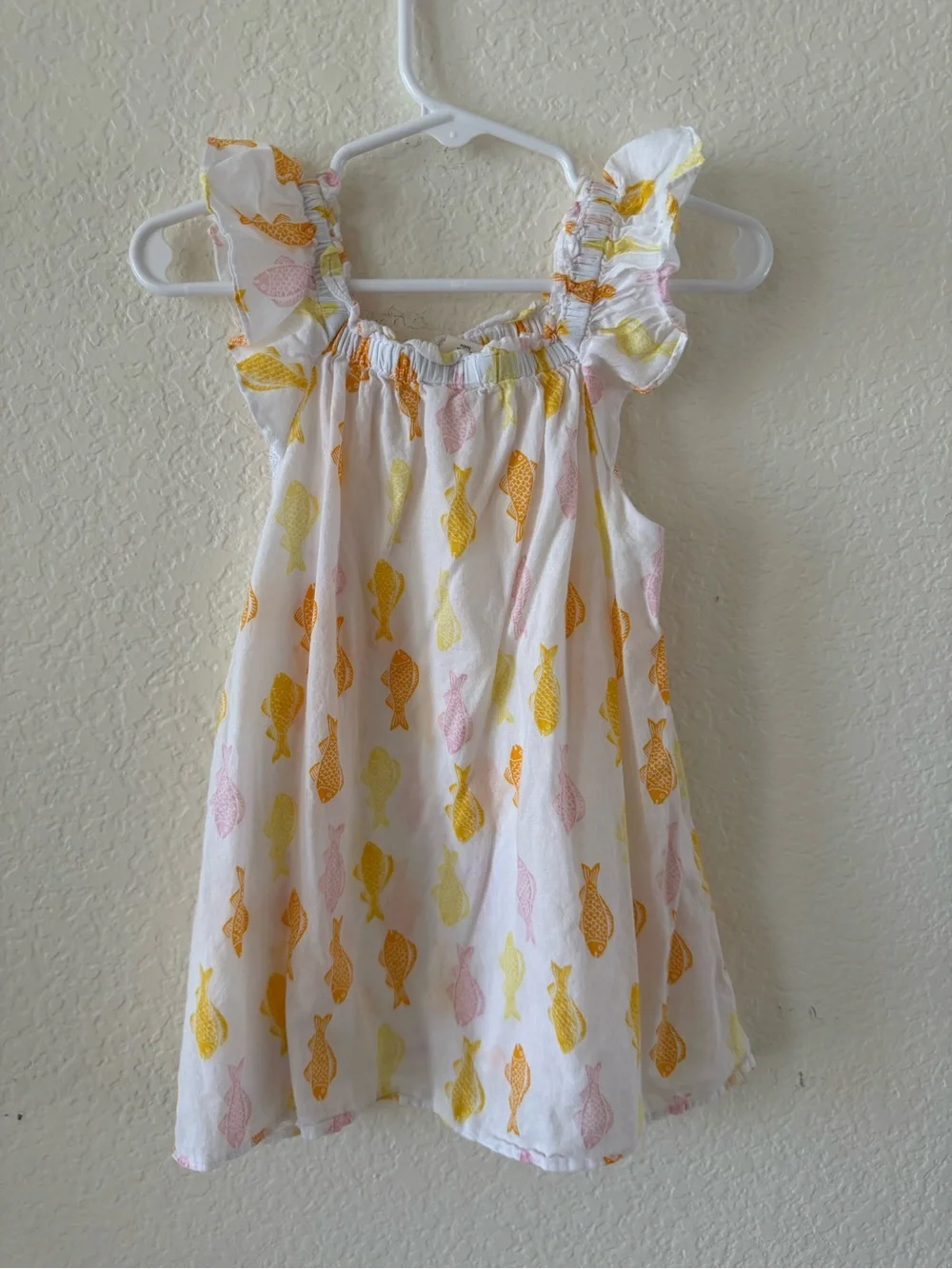Crewcuts White Girls' Fish Print Ruffle Dress in Yellow & Pink